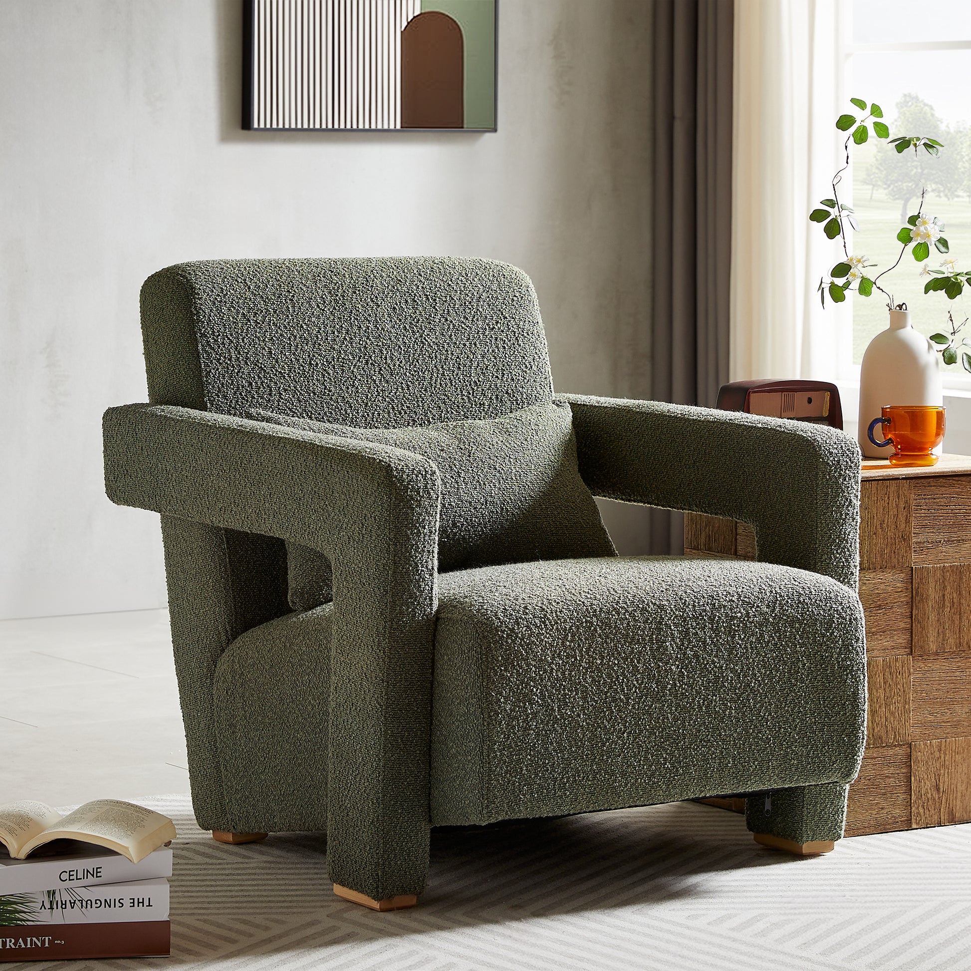 Mirod Sleek Right Angle Armrests, Ergonomic Lumbar Support, Square Wooden Block Legs, Inclined Seat For Comfort, Artistic Statement Piece For Living Room,Bedroom And Study Green Boucle