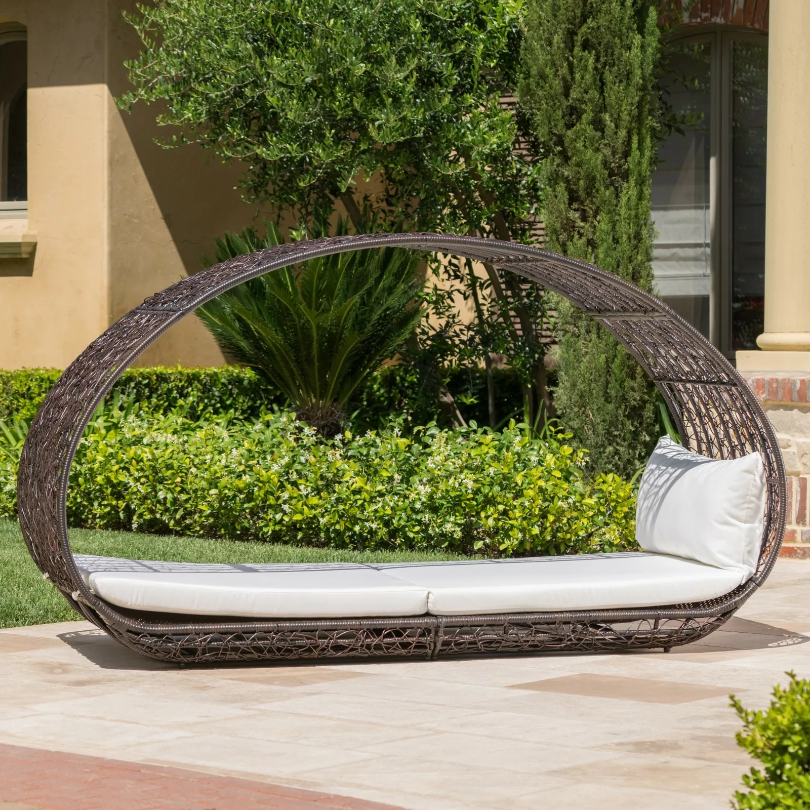 Outdoor Wicker Overhead Canopy Daybed Water Resistant Cushion Full Grey White Garden & Outdoor Rattan Waterproof Fabric