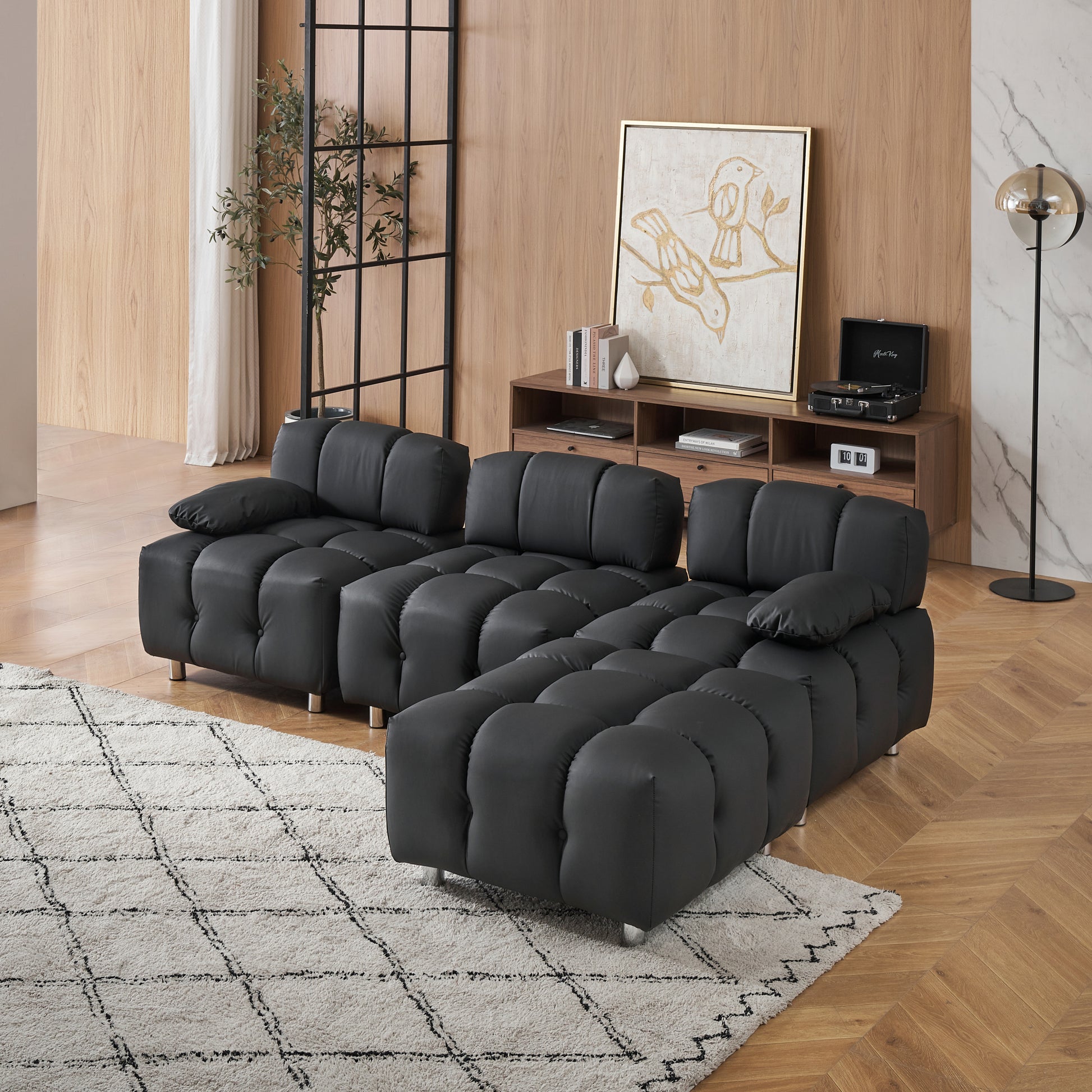 A 90.60 Inch Technology Cloth Black Sofa, Waterproof, Stain And Cat Scratch Resistant, Can Comfortably Sit In The Apartment Bedroom Without Taking Up Space. Black Polyester Blend 4 Seat