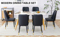 Table And Chair Set.Modern Minimalist Dining Table. White Imitation Marble Pattern Sintered Stone Desktop With Golden Metal Legs.Paried With 6 Comfortable Chairs With Pu Seats And Black Metal Legs.