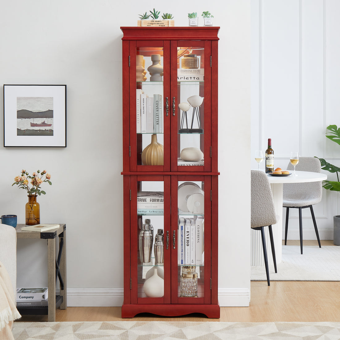 Lighted Glass Curio Display Cabinet,Display Cabinet,Glass Storage Cabinet Glass Wine Cabinet Wood Frame Toy Display For Living Room, Kitchen, Pantry Light Bulb Included Cherry Cherry Mdf Glass