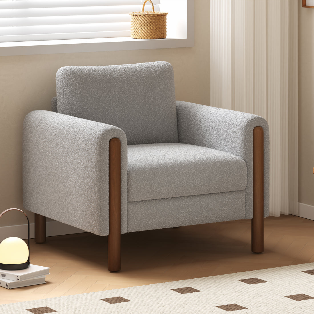 Oversized Accent Chair, Upholstered Living Room Chairs Single Sofa Chair With Walnut Legs, Curved Handrail, Grey Grey Teddy