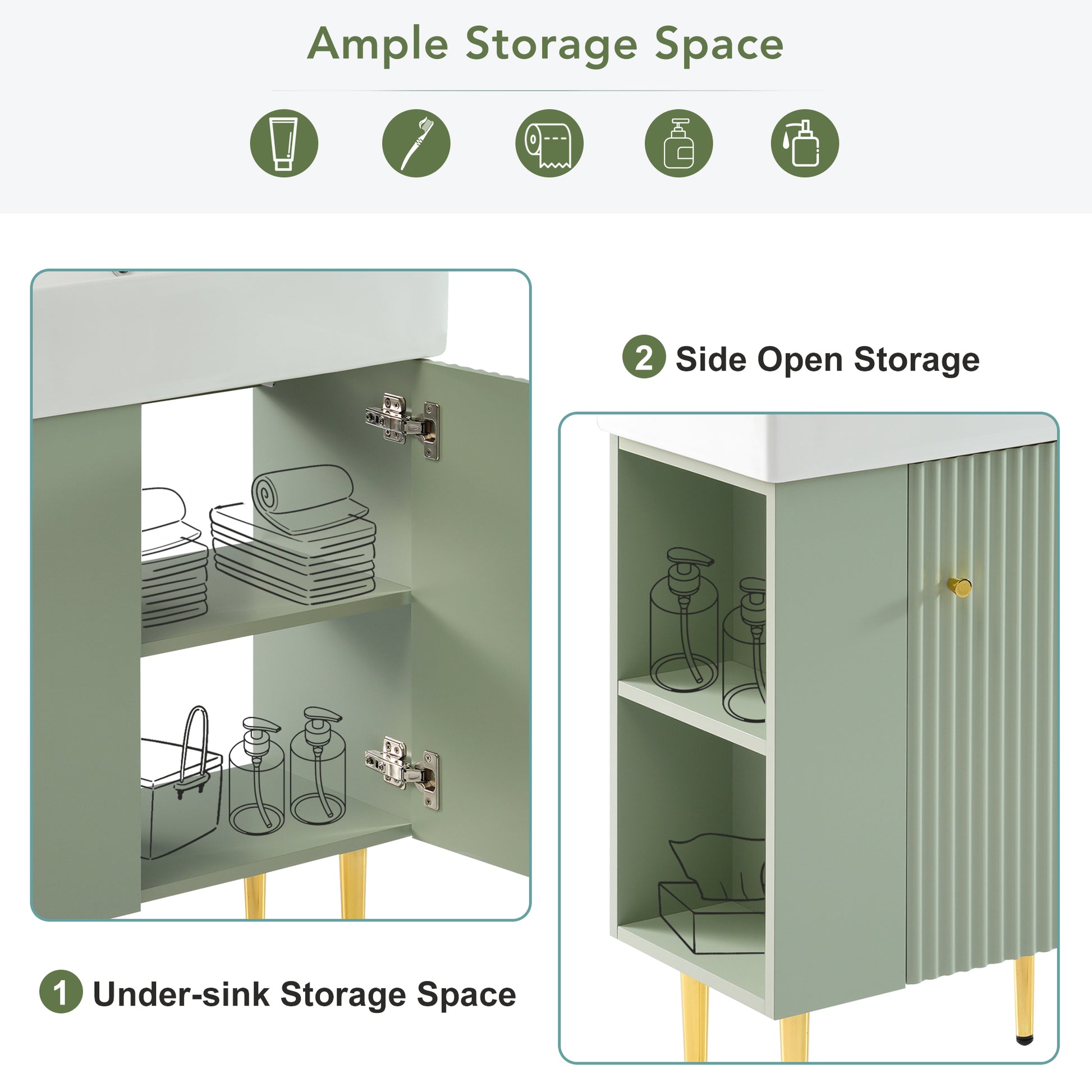 21.6" Green Bathroom Vanity, Combo Cabinet, Bathroom Storage Cabinet, Single Ceramic Sink, Left Side Storage Green Bathroom Ceramic Mdf