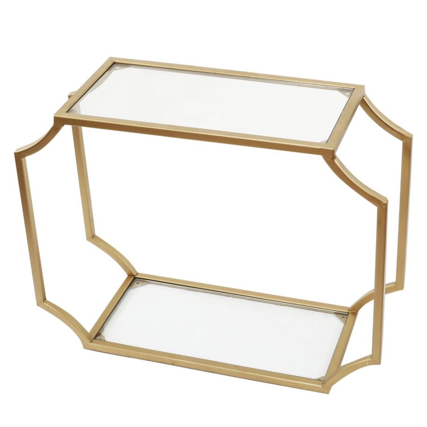 Metal Wall Shelf With Two Glass Shelves And Smooth Chamfered Corners, Gold And Clear Gold Iron