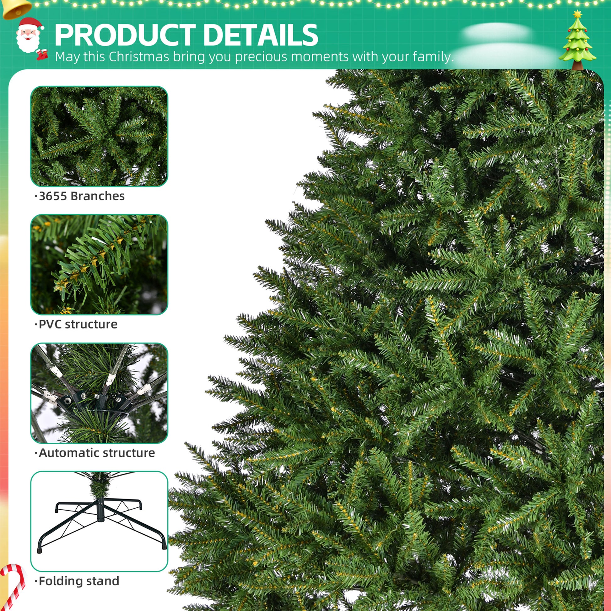 9Ft Artificial Christmas Tree, Premium Unlit Hinged Full Tree With 3655 Branch Tips, Metal Stand, Hinged Structure, Easy Assembly Festival Celebration Xmas Tree For Home, Office, Party Green Pvc