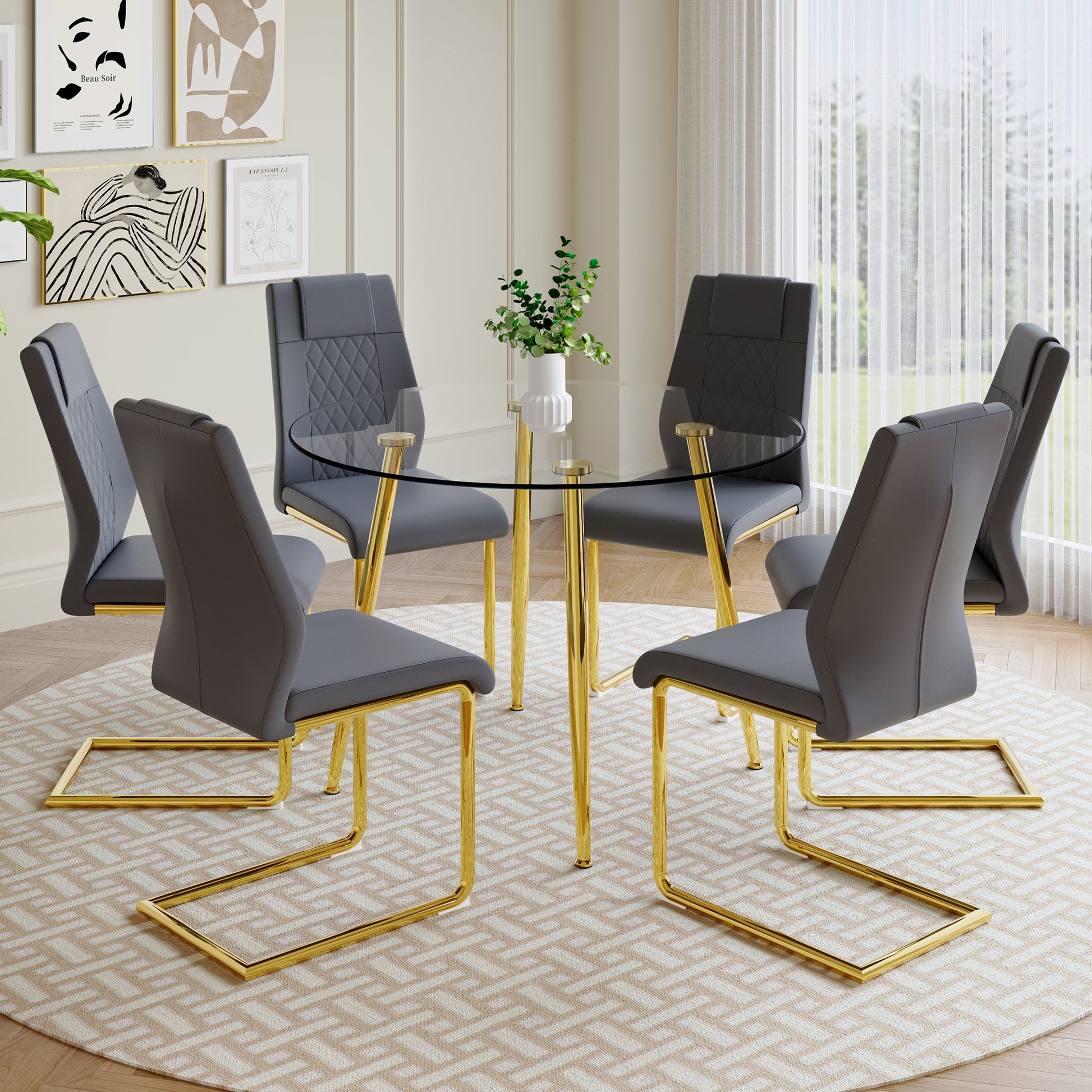 A Modern Minimalist Style Round Transparent Tempered Glass Table With Gold Metal Legs, Paired With 6 Modern Pu Leather High Back Dining Chairs Bring A Luxurious Experience. Gray Seats 6 Glass Metal