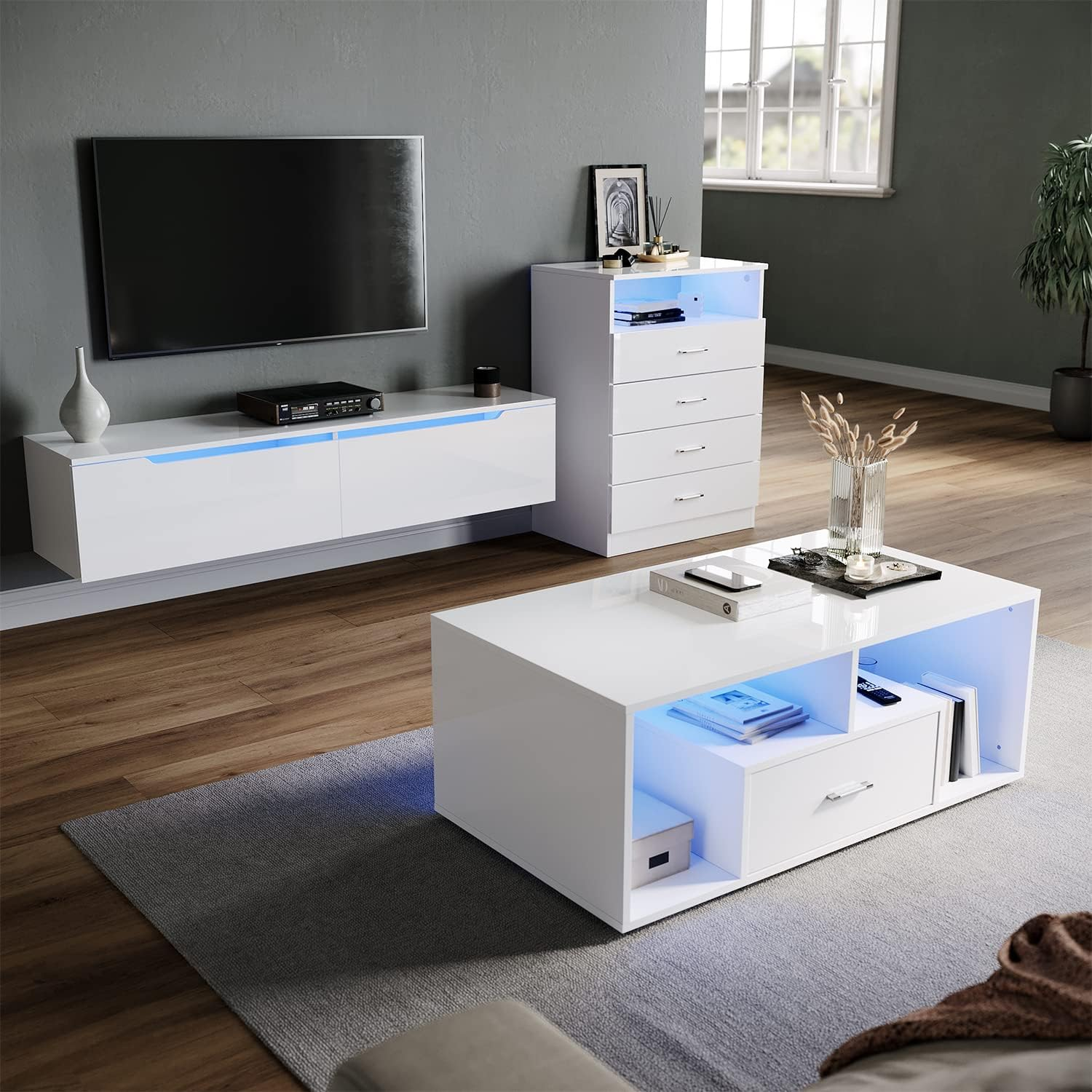 Dfw Coffee Table With Storage Compartment Drawers And Led Adjustable Lights Available In 16 Colours Sofa Table Side Table White White Primary Living Space Poplar Rectangular White Drafting Table Mid