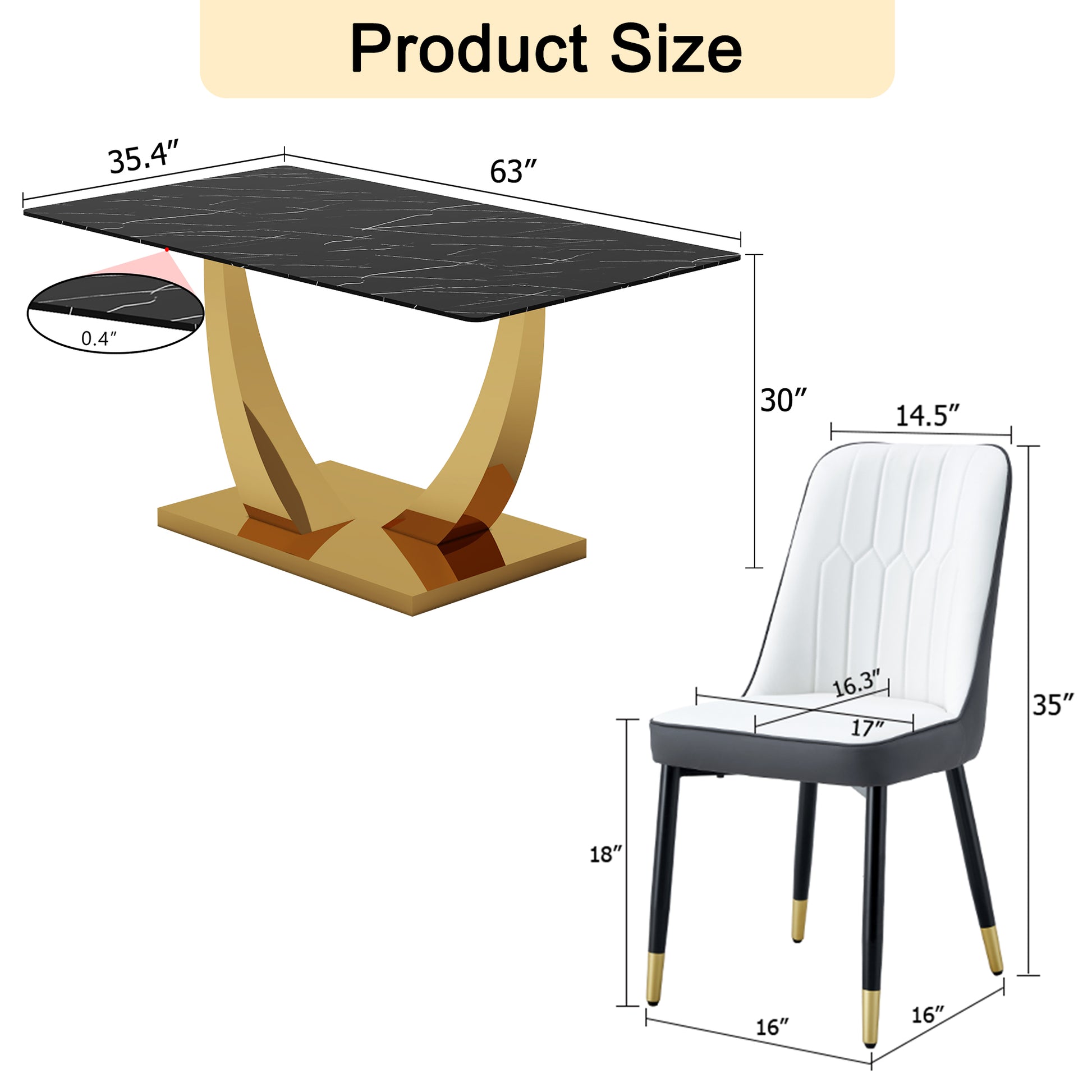 Table And Chair Set.Modern Rectangular Dining Table With Black Textured Stickers Glass Tabletop And Gold Plated Metal Legs.Paried With 6 Comfortable Chairs With Pu Seats And Black Metal Legs. Black Gold,White,White Gray Seats 6 Glass Metal