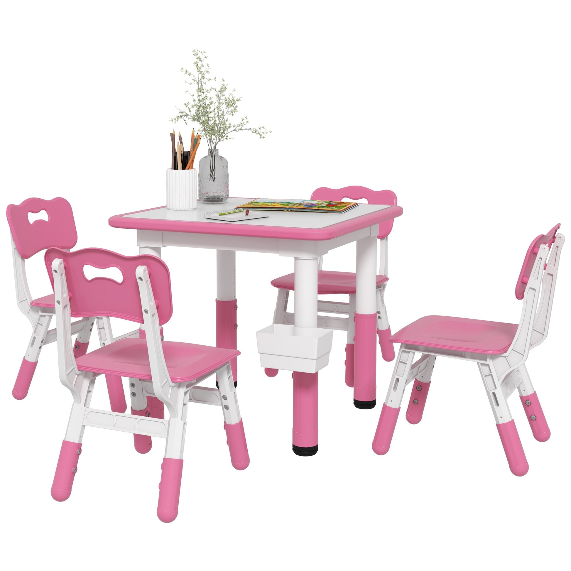 Qaba Kids Table And Chair Set, Height Adjustable 5 Piece Toddler Table And Chair Set With Storage Box, Easy To Wipe Activity Table With 4 Chairs For Ages 18 Months 5 Years, Pink Pink Mdf Metal