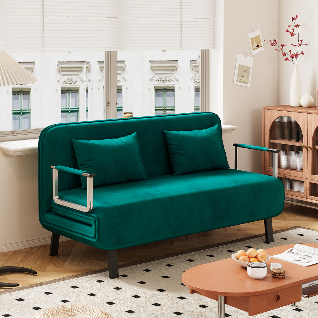 Velvet Antique Green 55 Convertible Chair Bed, Tri Fold Sofa Bed With Adjustable Backrest & Pillow, Leisure Chaise Lounge Couch With Sturdy Steel Frame For Home & Office, Comfortable Sleeper Chair Antique Green Velvet Metal Primary Living Space Medium