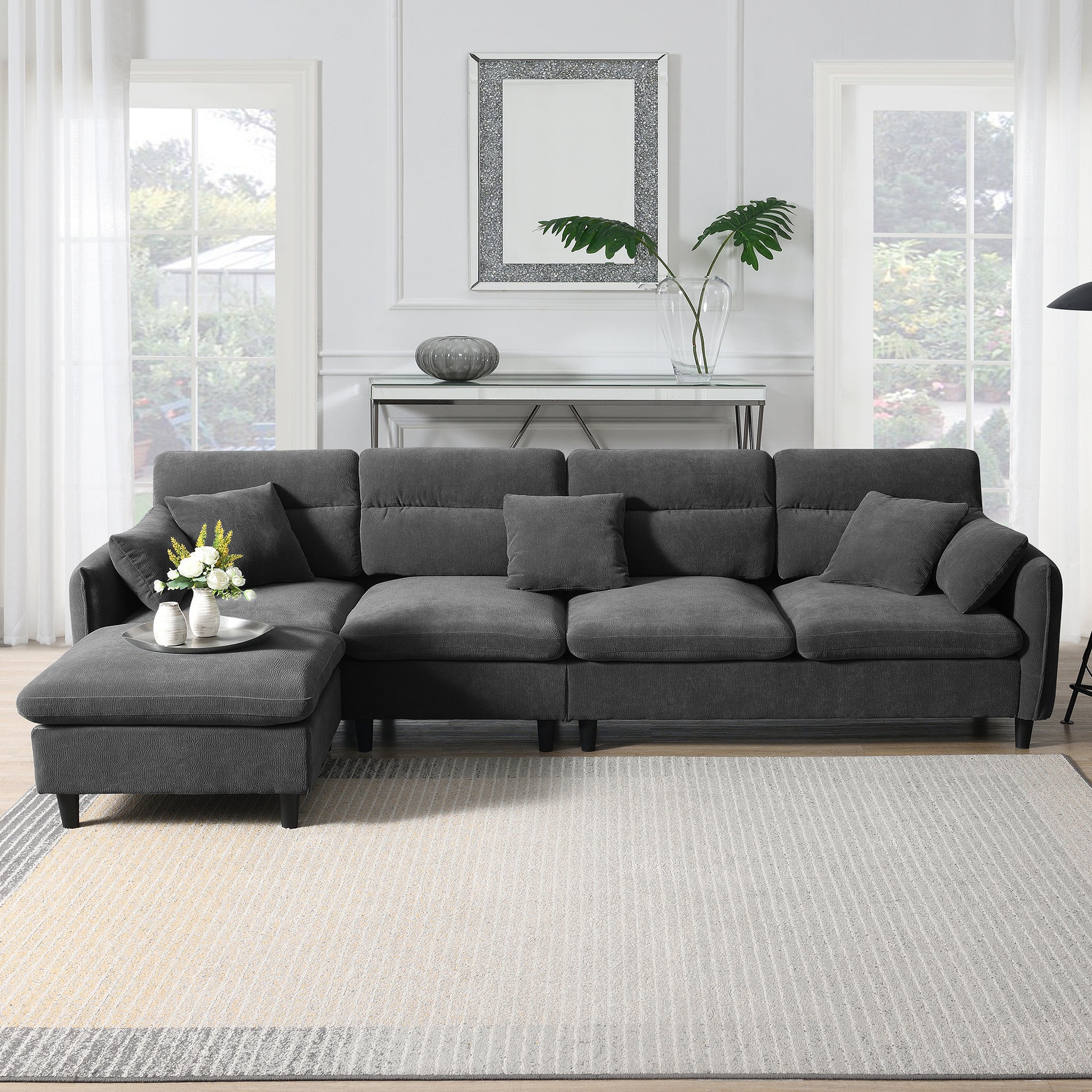 110*62" Modern Convertible Sectional Sofa,L Shaped Reversible Couch Set With Free Pillows,5 Seat Cloud Chenille Indoor Furniture With Ottoman For Living Room,Apartment,3 Colors Gray Chenille 5 Seat