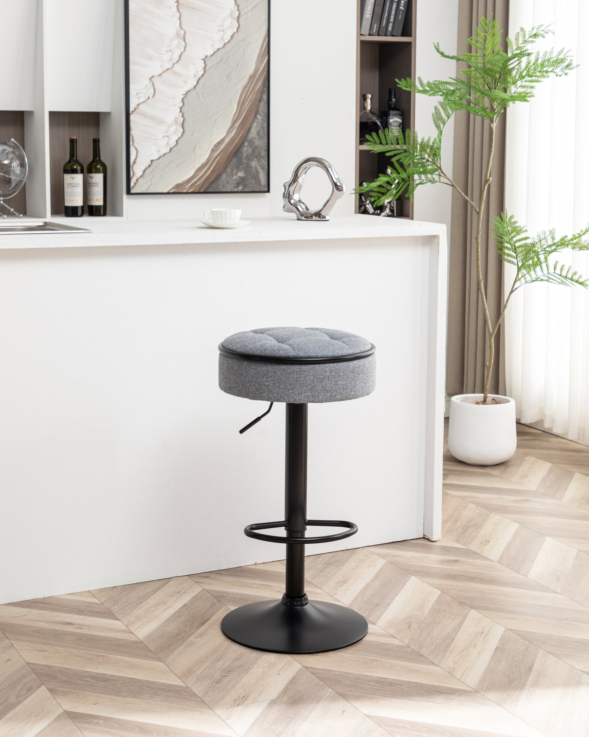 Round Storage Bar Stool Set Of 2, Grey Linen Height Adjustable Barstool, 360 Counter Height Swivel Stool, Armless Bar Chair With Metal Frame For Kitchen Counter Dining Living Room Grey Set Of 2 Foam Linen