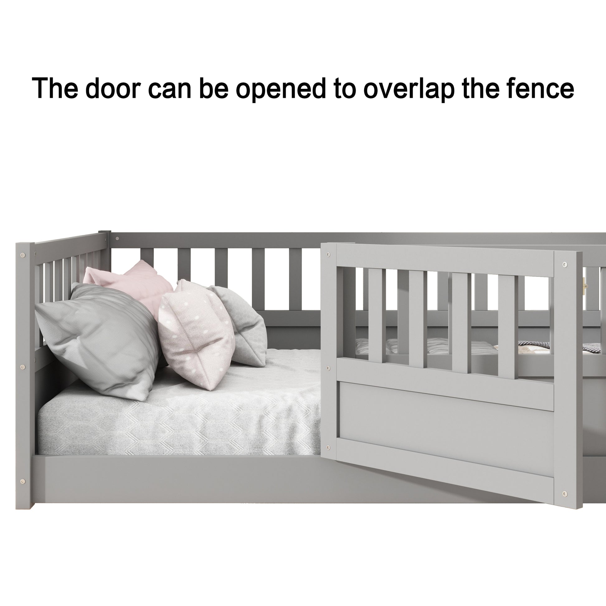 Twin Size Floor Bed, Integral Construction With Super High Security Barrier, Door, Children'S Floor Bed Frame, Montessori Wooden Children'S Floor Bed, Support Slat Grey Box Spring Required Twin Grey Wood Brown Bedroom American Design,Artsy Pine Bed Frame