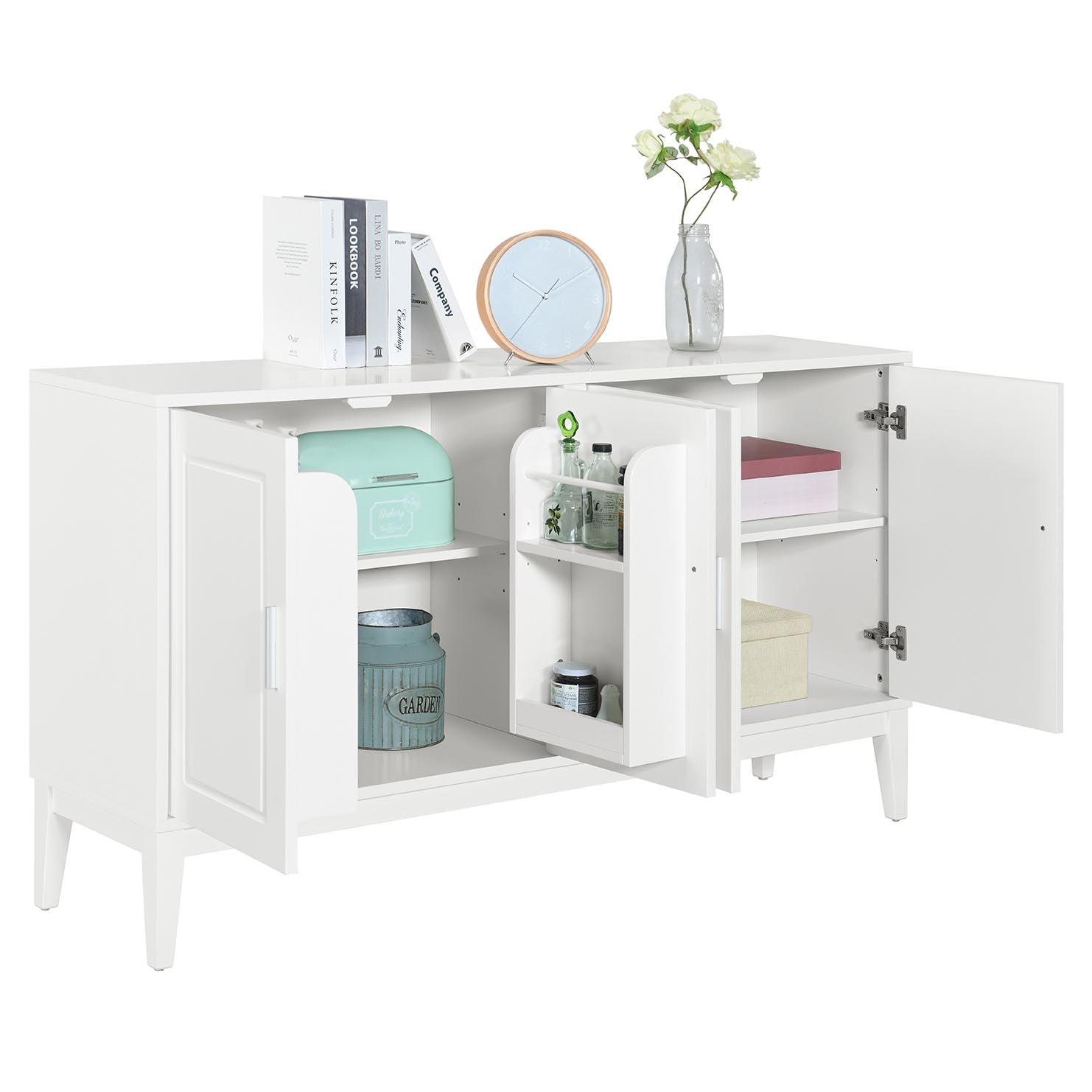 4 Door Sideboard Storage Cabinet With Door Shelf For Living Room And Dining Room, Two Large Cabinets With Adjustable Shelf, White White Rubberwood Solid Wood Mdf