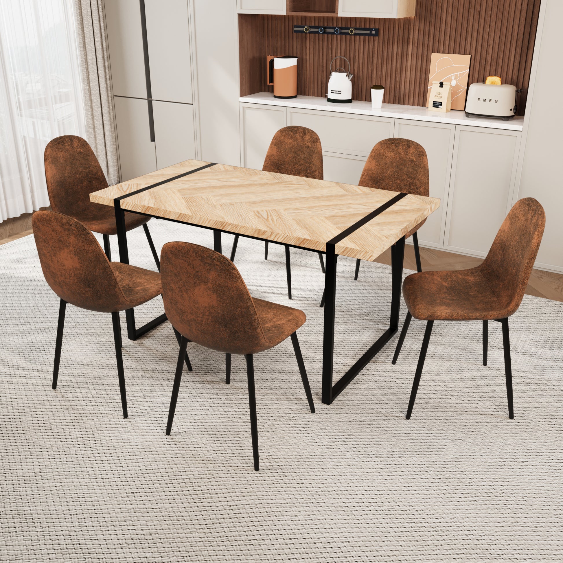 Mdf Light Wood Dining Table And Modern Dining Chair Set Of 8 Pieces, Medieval Wooden Kitchen Dining Table Set, Black Metal Base, Dining Table And Suede Chair Set Buy 6 Chairs And Get 2 Free Brown