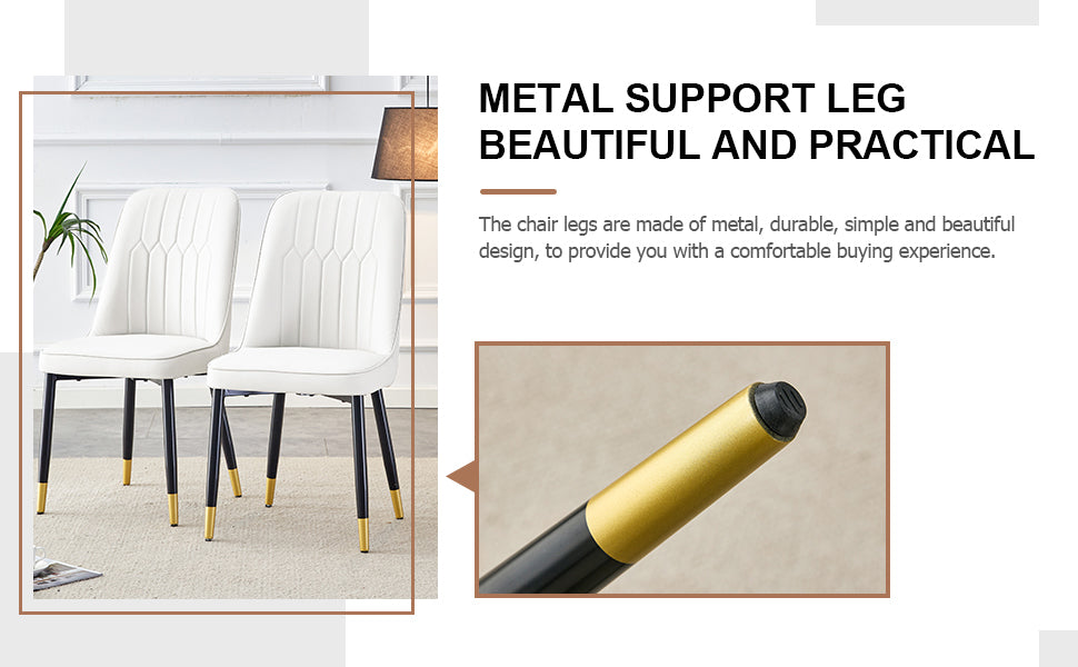 Table And Chair Set.The Table Has A Glass Top With Imitation Marble Pattern Stickers And Stainless Steel Golden Legs. Paried With Chairs With Pu Artificial Leather Backrest Cushions And Black Legs. White Gold Seats 8 Glass Metal