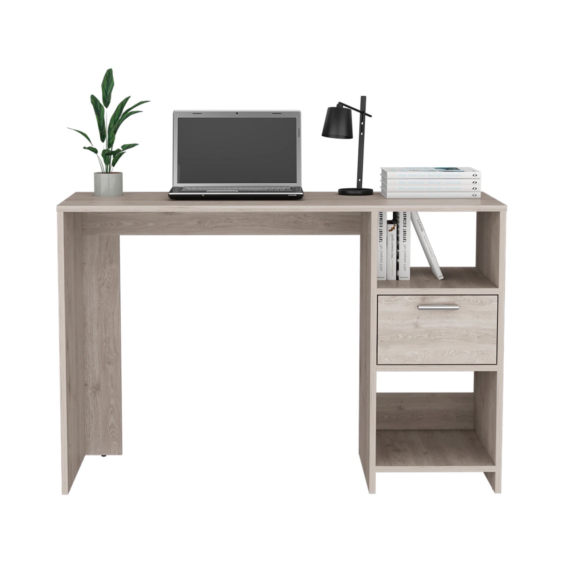 Naxos Computer Desk With 1 Drawer And 2 Open Storage Shelves, Light Gray Gray Particle Board Particle Board