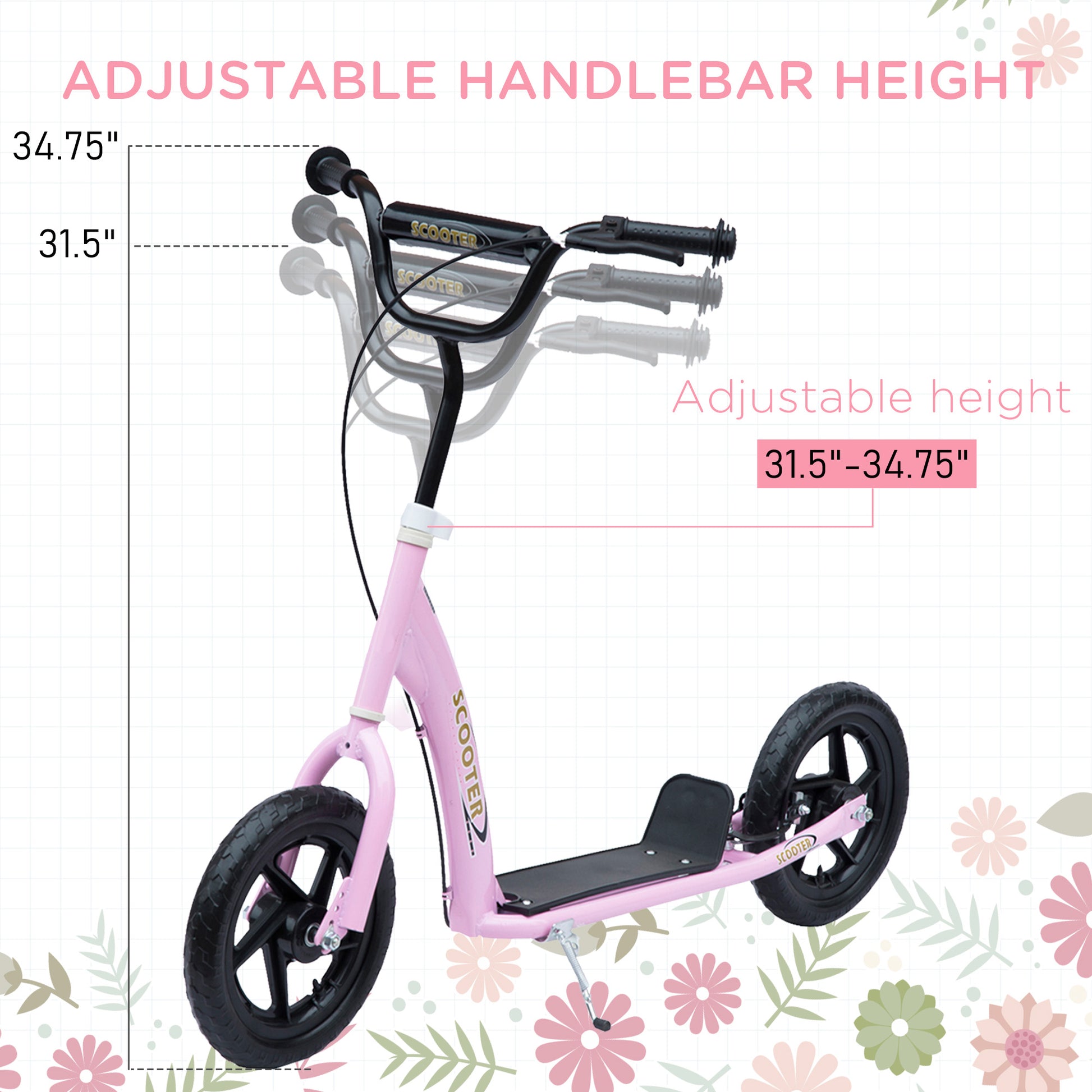 Homcom Kick Scooter For Kids 5 12 Years Old, Big Wheel Kids Scooter With Adjustable Height Handlebar, Non Slip Footplate, Rear Brake, Pink Pink Steel