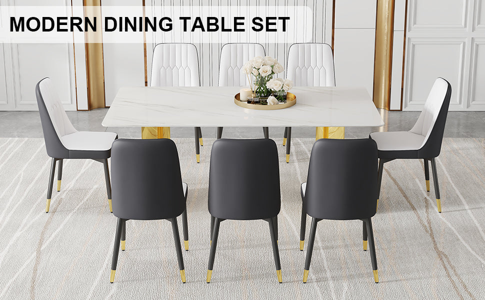 Table And Chair Set.The Table Has A Glass Top With Imitation Marble Pattern Stickers And Stainless Steel Golden Legs. Paried With Chairs With Pu Artificial Leather Backrest Cushions And Black Legs. White Gold Seats 8 Glass Metal