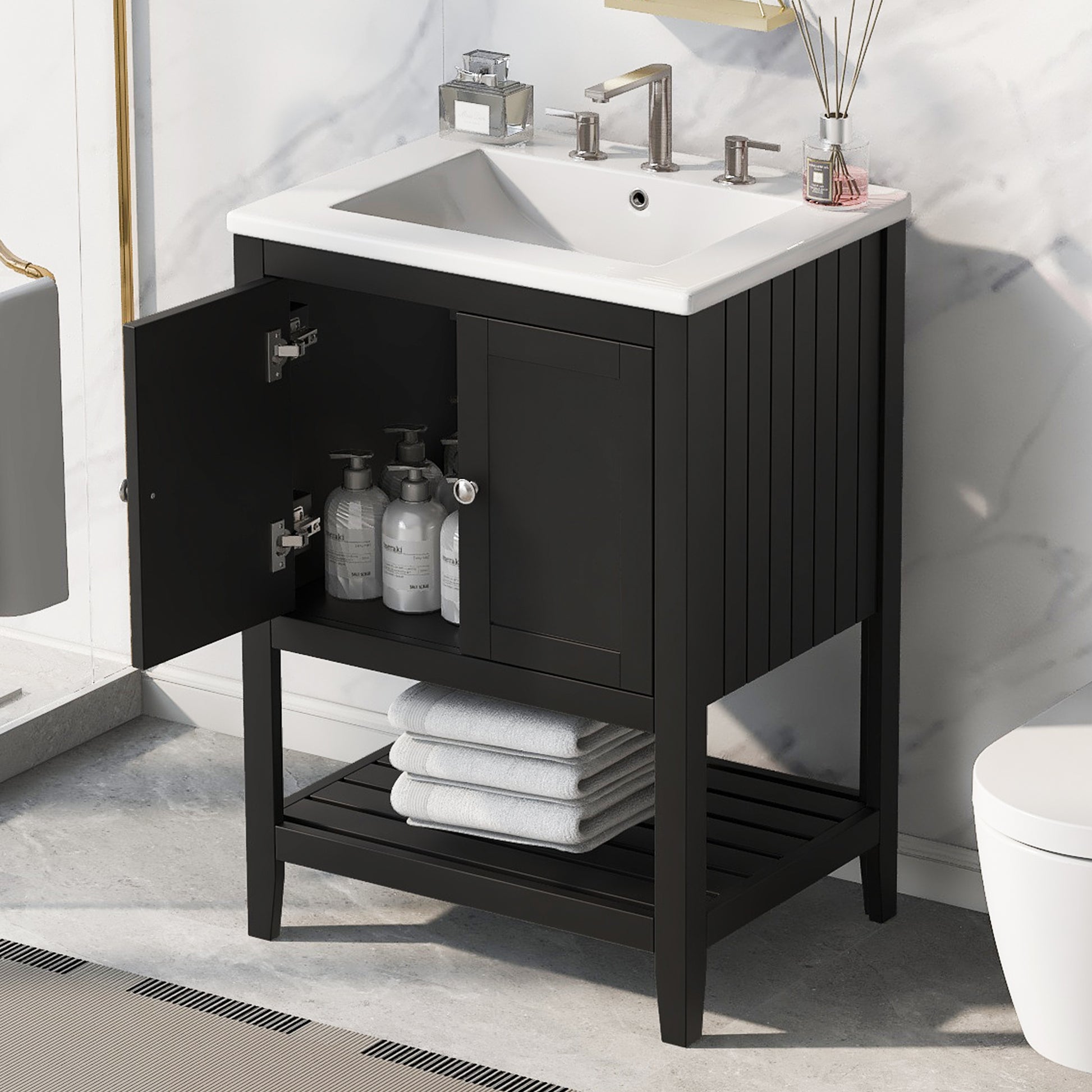 Video 24" Black Modern Sleek Bathroom Vanity Elegant Ceramic Sink With Solid Wood Frame Open Style Shelf Black Solid Wood Mdf