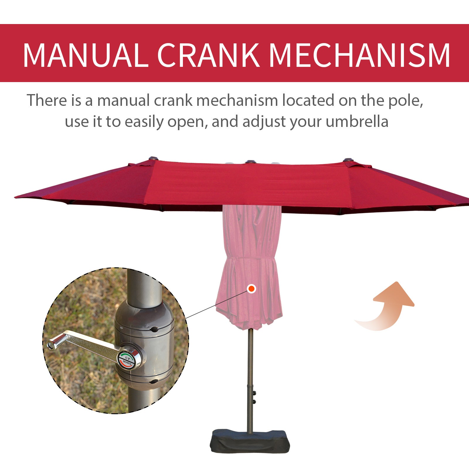 Outsunny Patio Umbrella 15' Steel Rectangular Outdoor Double Sided Market With Base, Sun Protection & Easy Crank For Deck Pool Patio, Wine Red Red Steel