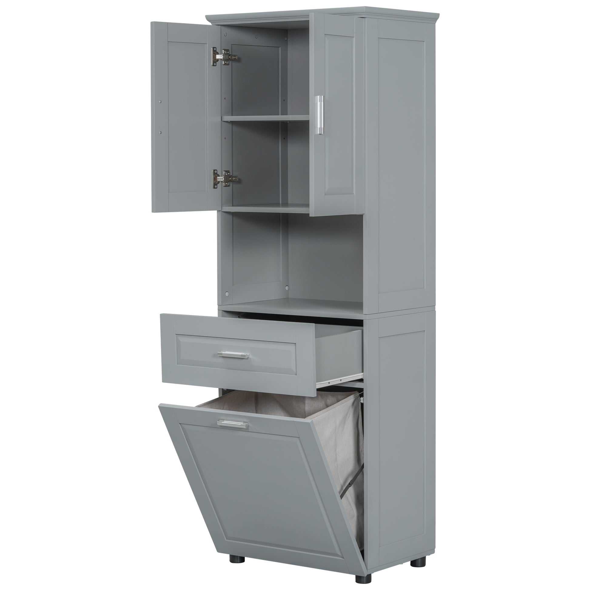 Tall Bathroom Cabinet With Laundry Basket, Large Storage Space Tilt Out Laundry Hamper And Upper Storage Cabinet, Grey Grey Mdf