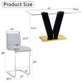 Table And Chair Set. A Rectangular Glass Dining Table With A 0.4 Inch Tempered Glass Tabletop And Mdf Board V Shaped Bracket, Paired With Chairs Consisting Of Pu Seat Cushions And Silver Metal Legs. Black Gray Seats 4 Tempered Glass