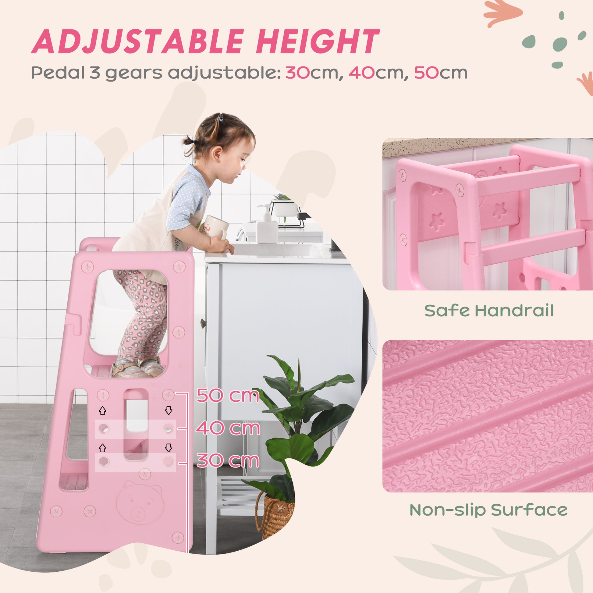 Qaba Toddler Tower With Adjustable Height, Toddler Kitchen Stool Helper With Anti Slip Mat, Step Stool For Kitchen, Bathroom, Pink Pink Hdpe