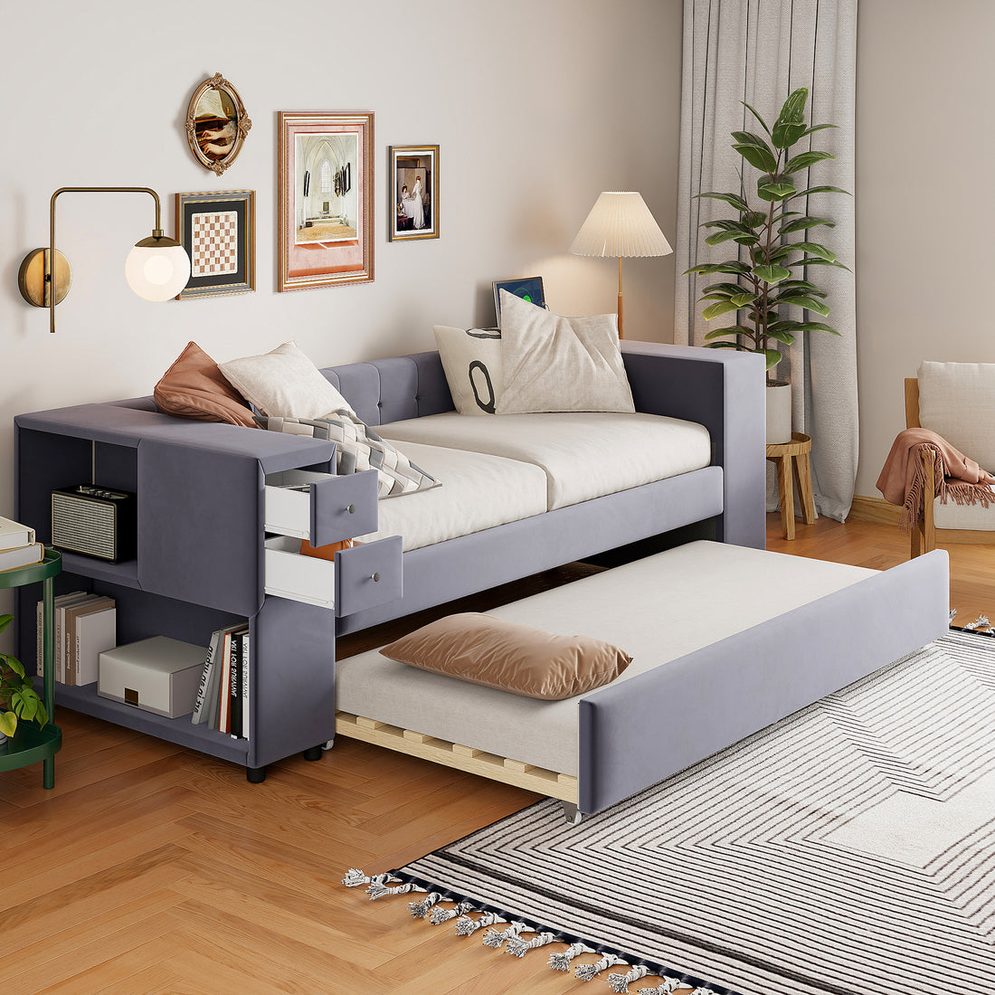 Twin Upholstered Bed With Storage And Twin Trundle, Usb Charging Ports, French Velvet, Gray Twin Gray Velvet