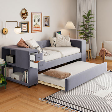 Twin Upholstered Bed With Storage And Twin Trundle, Usb Charging Ports, French Velvet, Gray Twin Gray Velvet