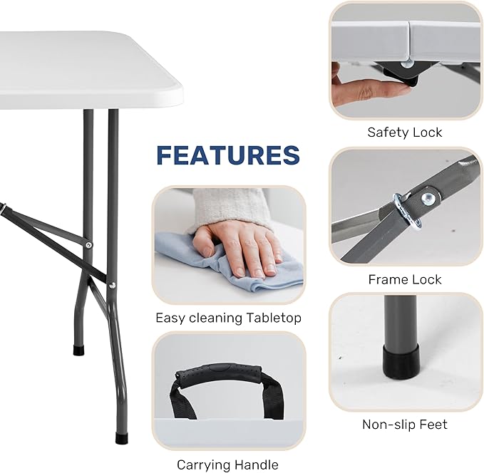 6Ft Folding Table Portable, Heavy Duty Table With Handle For Camping, Picnic, Party, Indoor & Outdoor Use, Easy To Clean & Space Saving Design White Steel