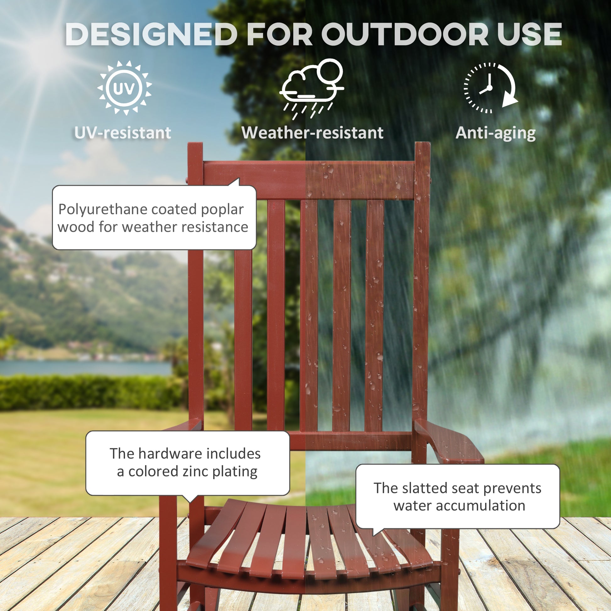 Outsunny Outdoor Rocking Chair, Patio Wooden Rocking Chair With Smooth Armrests, High Back For Garden, Balcony, Porch, Supports Up To 352 Lbs., Wine Red Wine Red Wood