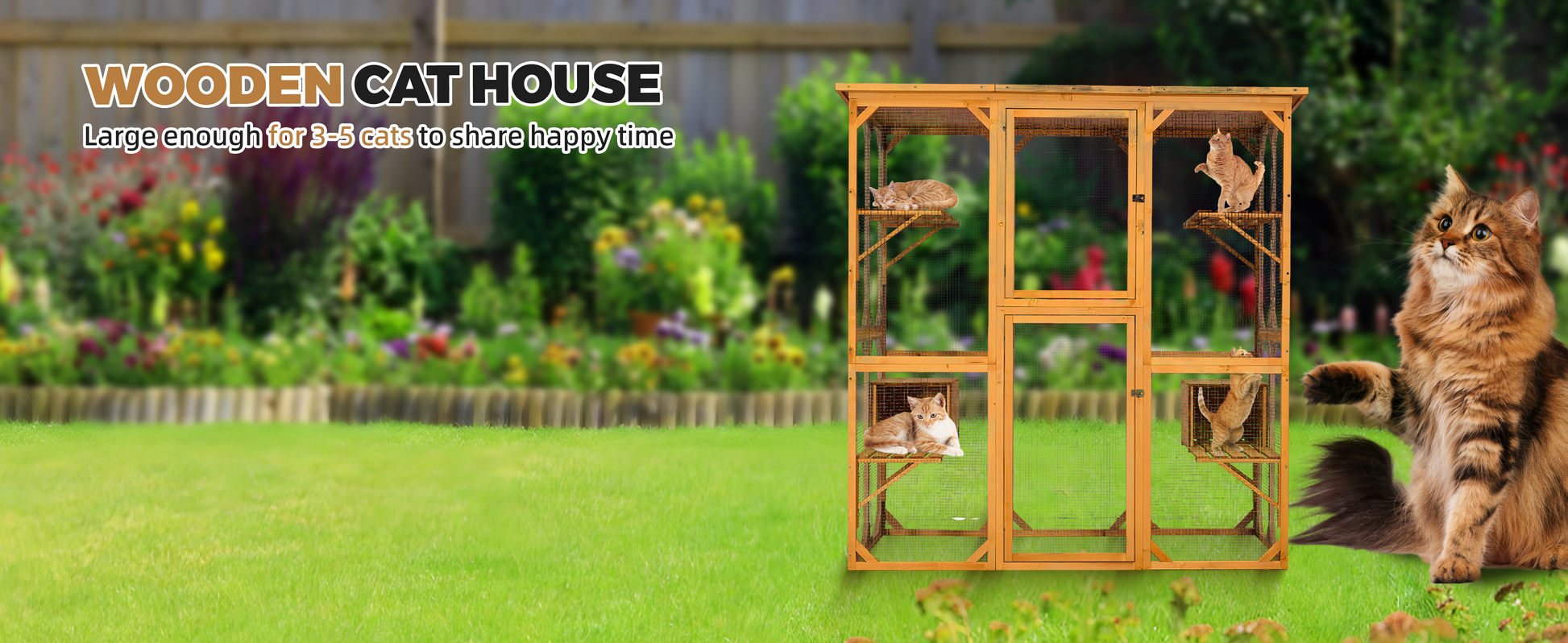 Catio Outdoor Cat Enclosure With Roof 72" Height Cat Wooden House Large Cat Cage With 3 Jumping Platforms And 2 Napping Houses For Cat Activity Yellow Yellow Wood