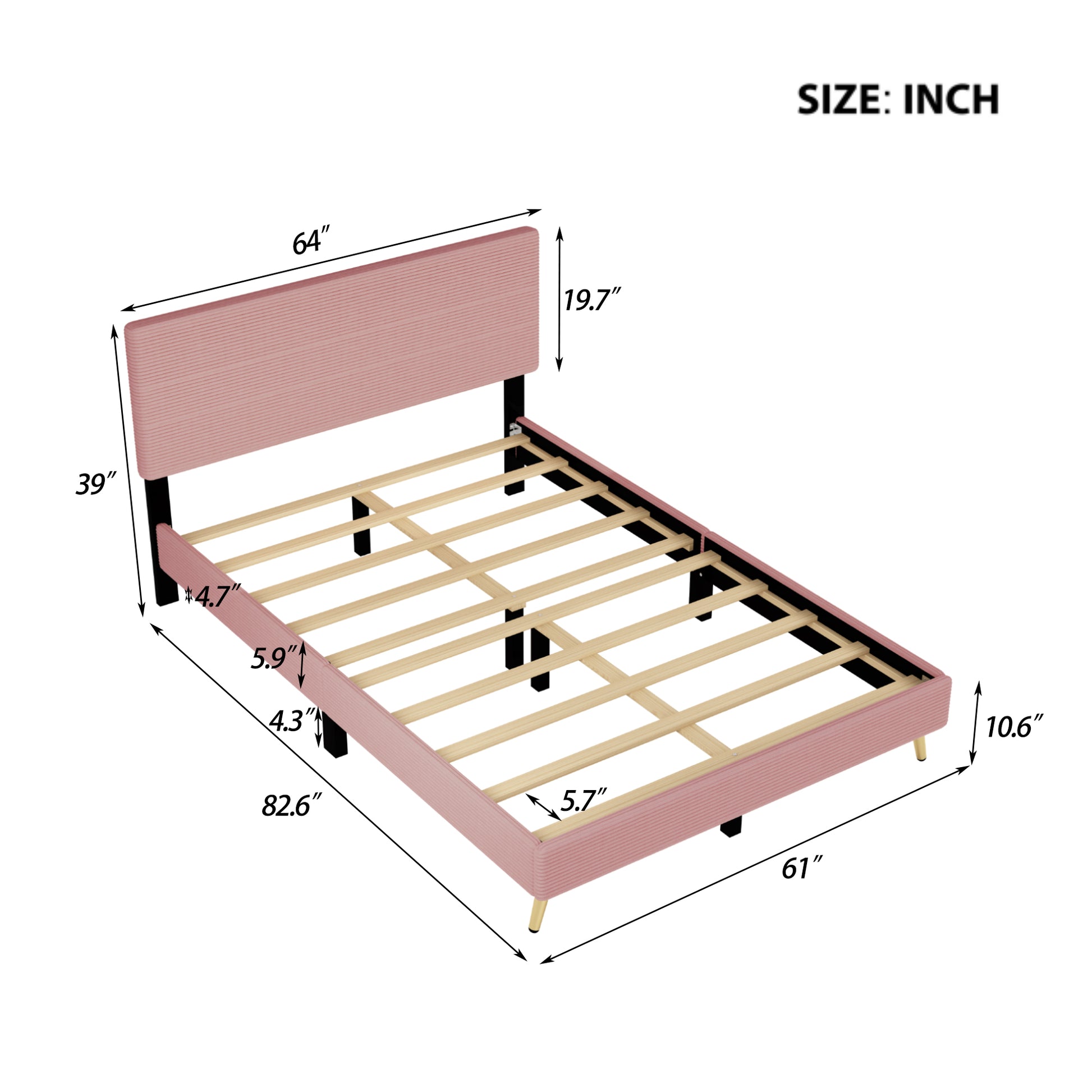 Queen Size Corduroy Upholstered Bed Frame, Platform Bed With Horizontal Stripe Headboard, No Box Spring Needed, Pink Queen Pink Bed Frame Solid Wood Mdf