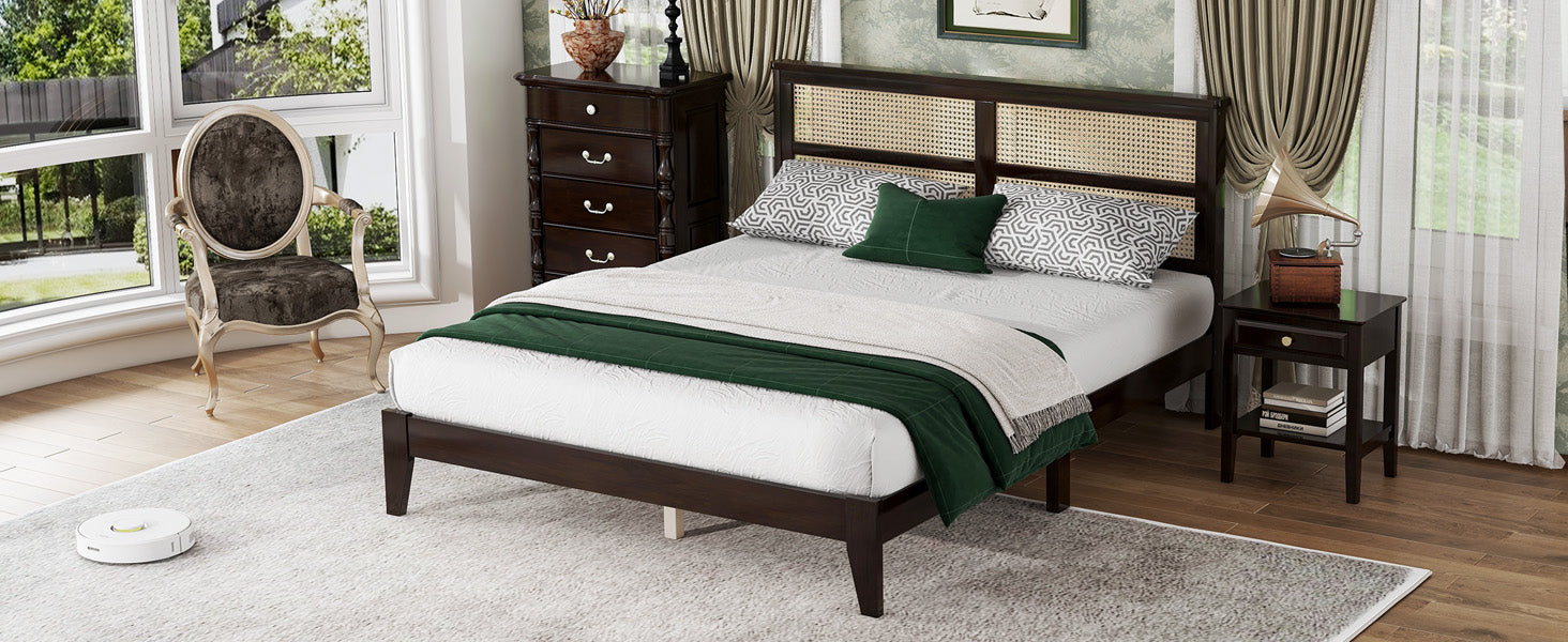 Queen Size Rubber Wooden, Solid Wooden Bed With Rattan Headboard, Enhanced By Support Feet,Espresso Queen Espresso Rubber Wood