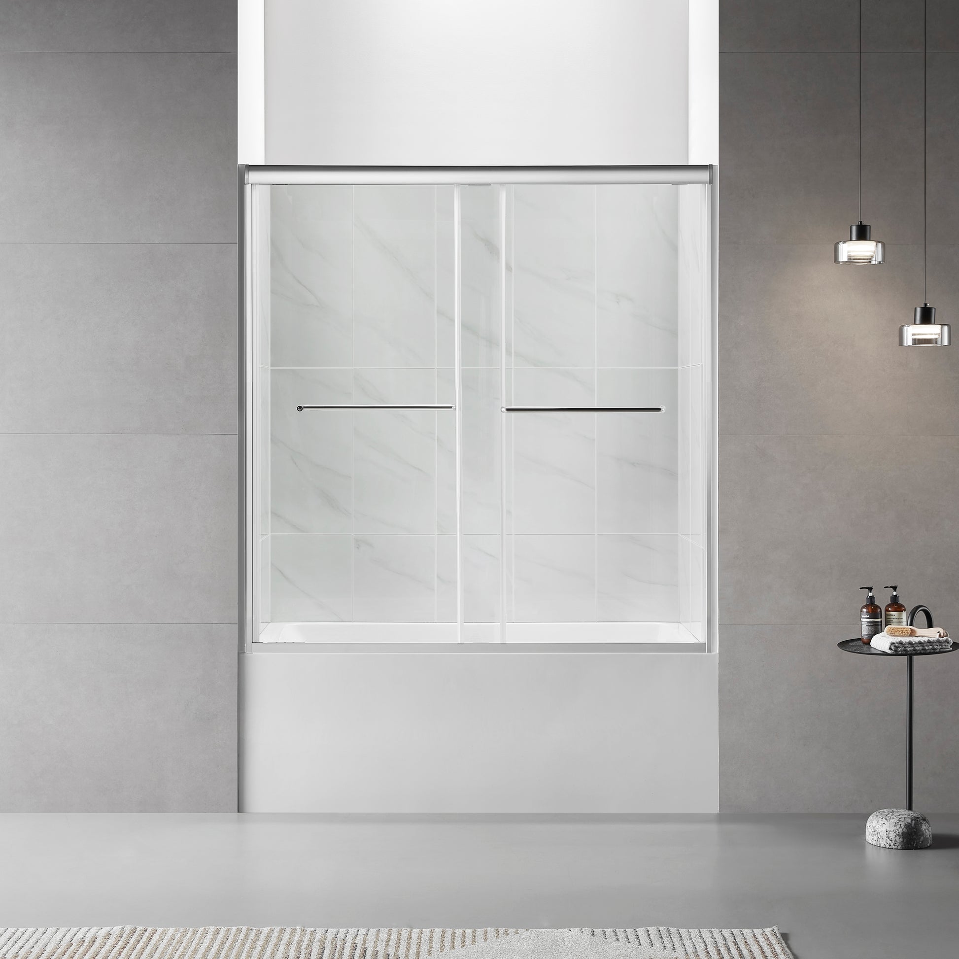 60"W X 60"H Bathtub Double Sliding Tub Shower Door With 1 4" 6Mm Clear Glass, Framed Tub Glass Shower Door, Brushed Titanium Finish Brushed Titanium Bathroom American Design Glass Metal