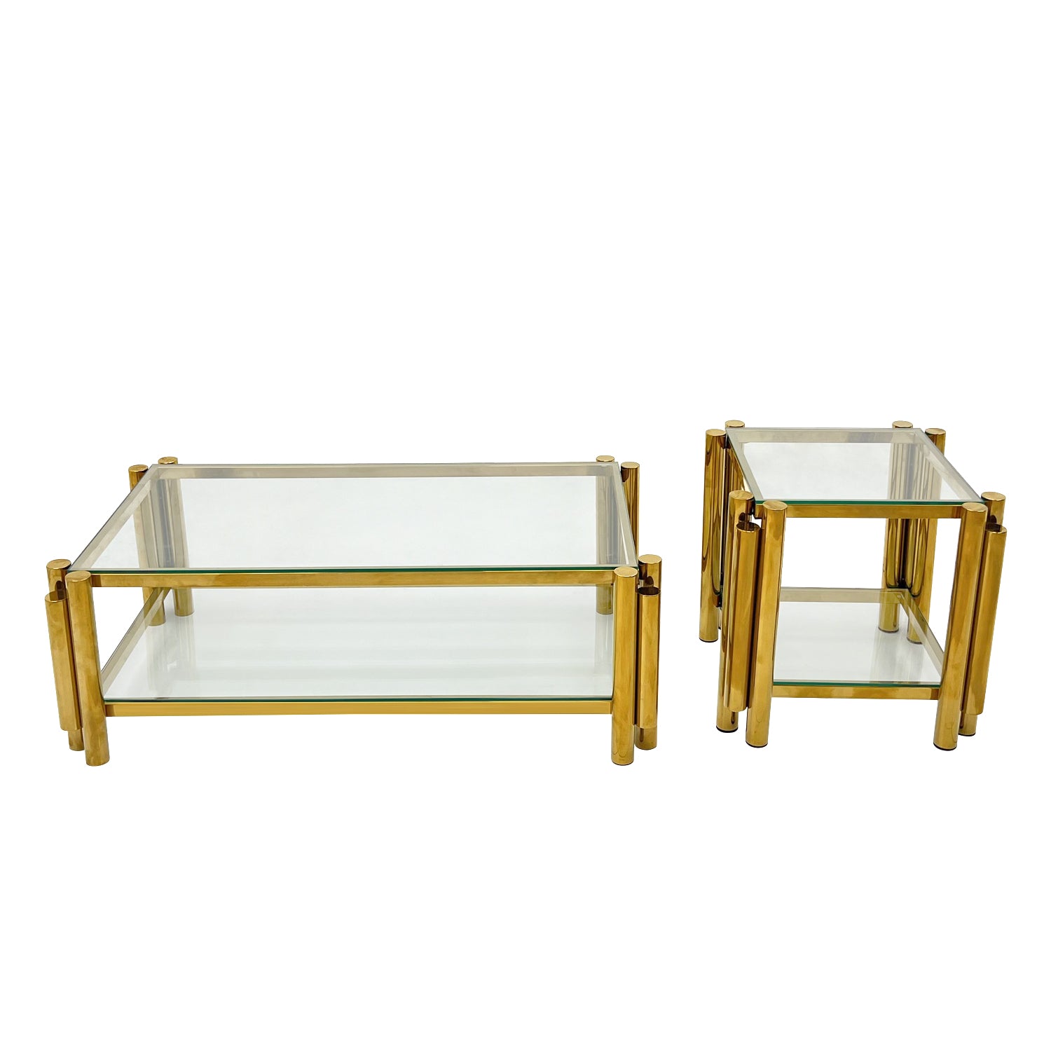 Modern Stainless Steel Coffee Table Set Set Of 2 , Double Layer Clear Tempered Glass Table Top, Coffee Table & End Side Table 2 Pieces Sets For Living Room Home Office, Gold Clear,Gold Modern Open