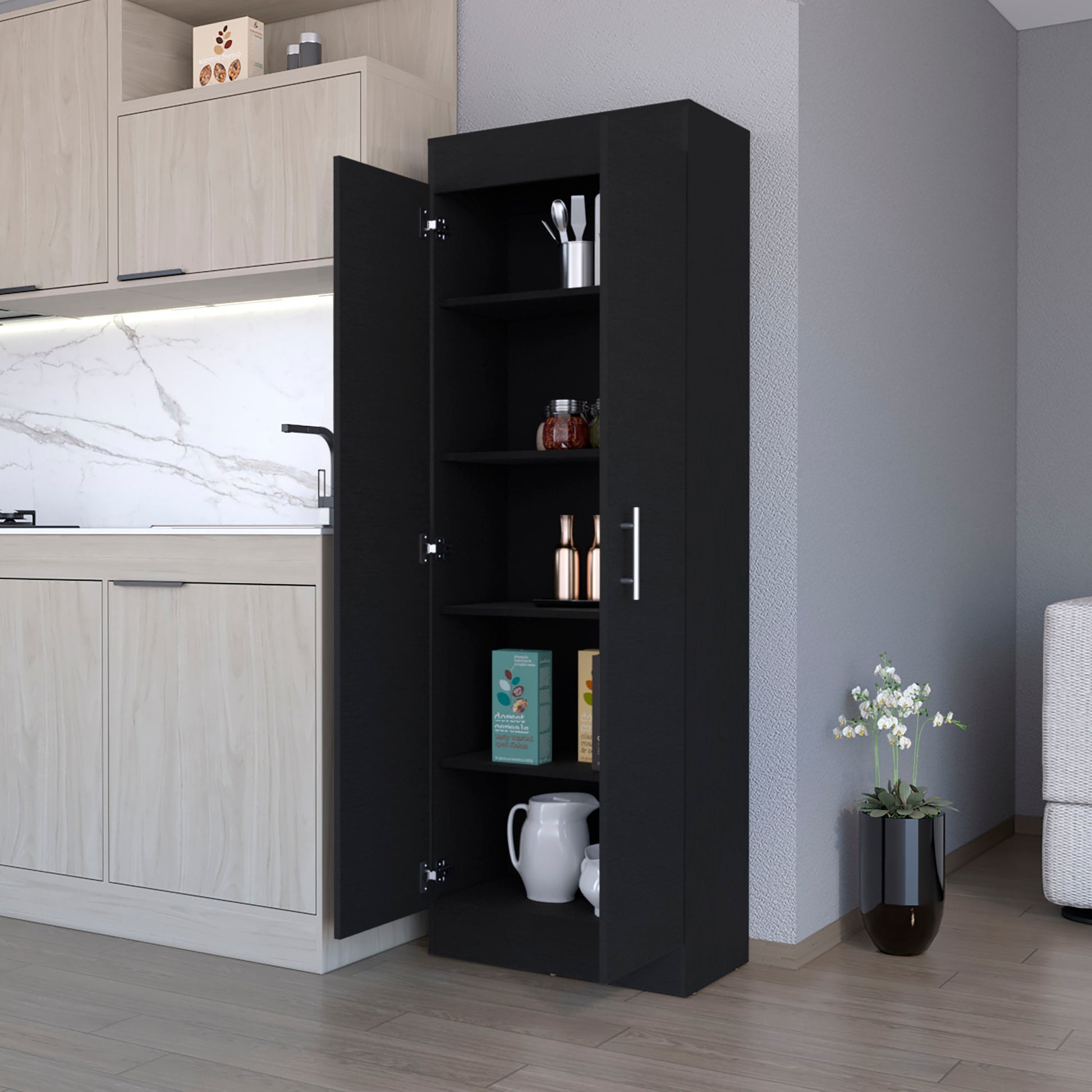 Dawson Pantry Cabinet With Sleek 5 Shelf Storage Black Kitchen Contemporary Rectangular Pine Particle Board Engineered Wood