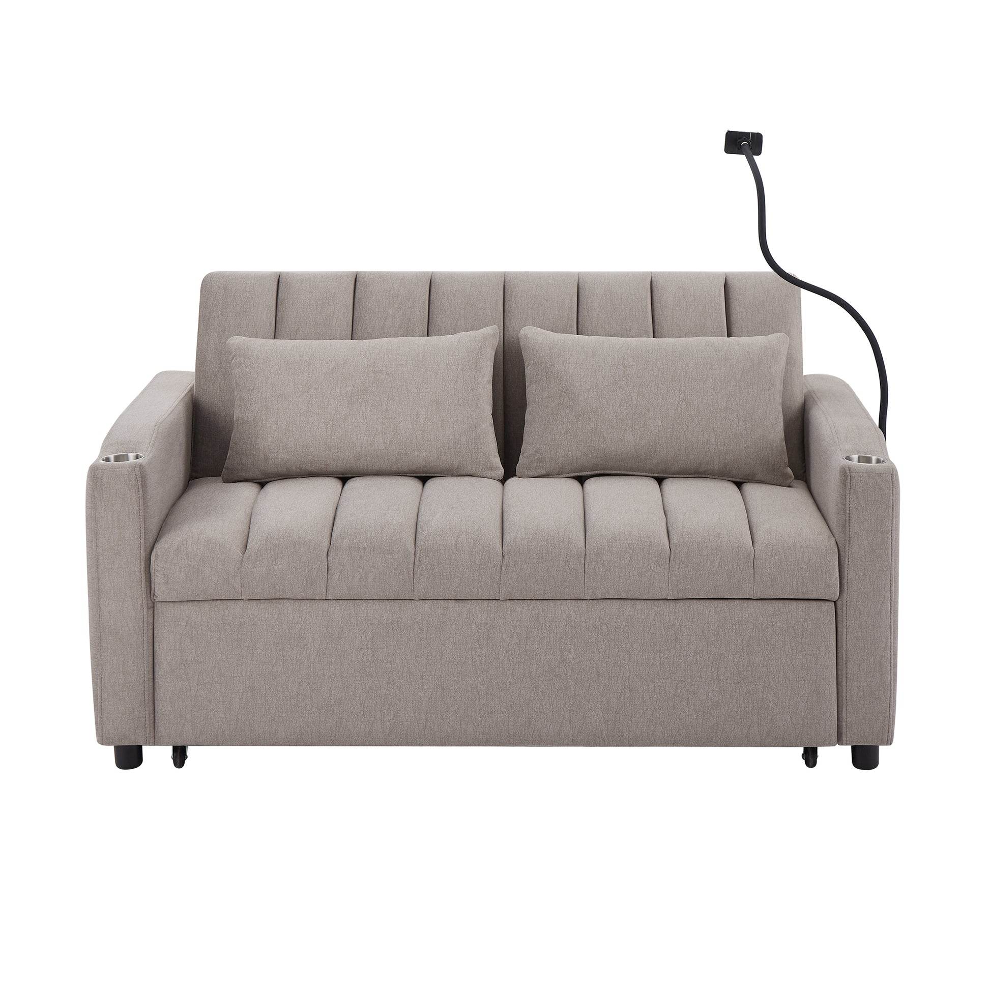 55.9" Convertible Sofa Bed Loveseat Sofa With Three Usb Ports, Two Side Pockets, Two Cup Holders And 360 Swivel Phone Holder For Living Room, Light Grey Light Grey Foam Polyester 2 Seat