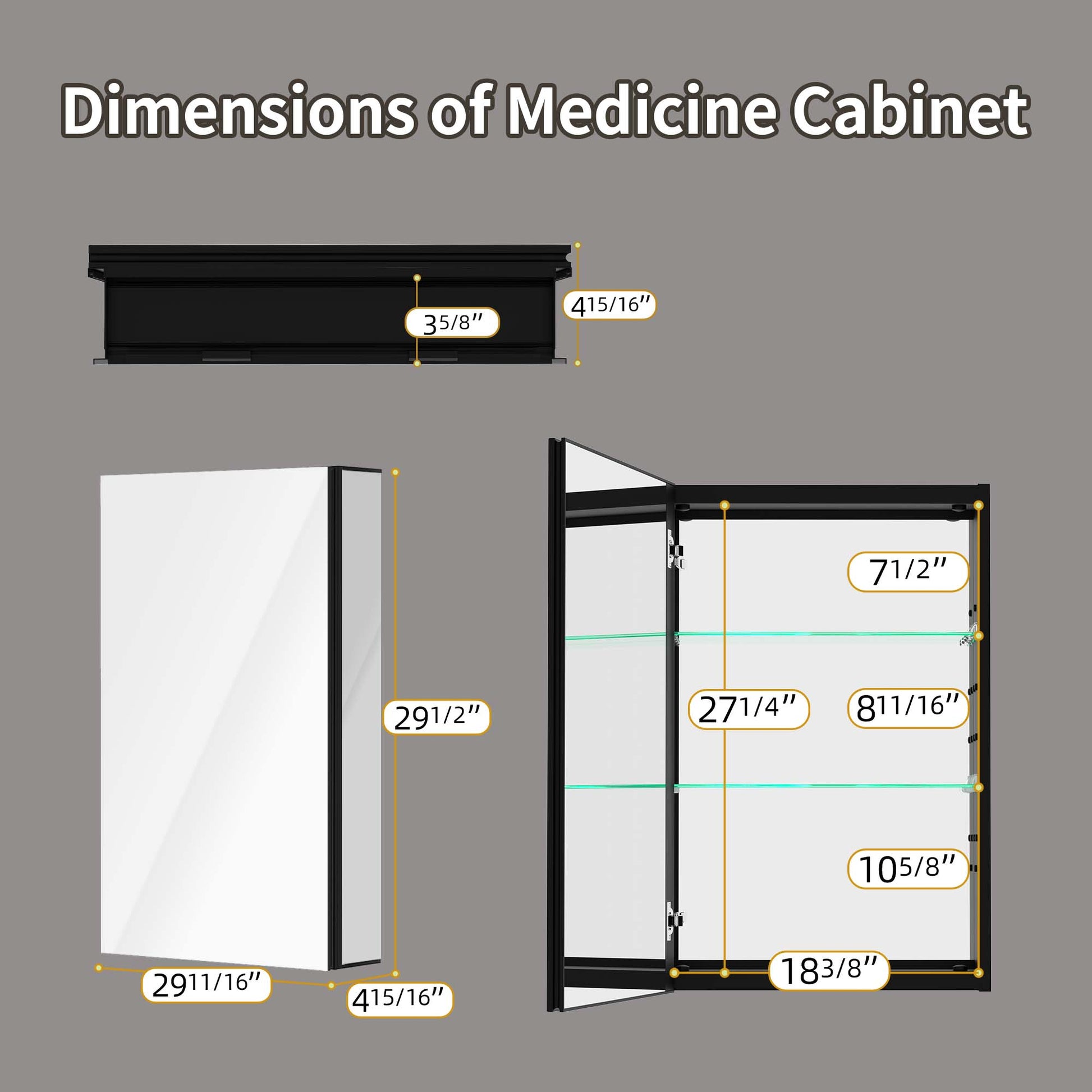 20" X 30" Lighted Medicine Cabinet With Mirror Aluminum Mirrored Cabinets For Bathroom Recessed Or Wall Mount, With Electrical Outlet Usb Anti Fog 3 Colors Light Built In Sensor Lamp Matte Black Modern Glass Aluminium Alloy