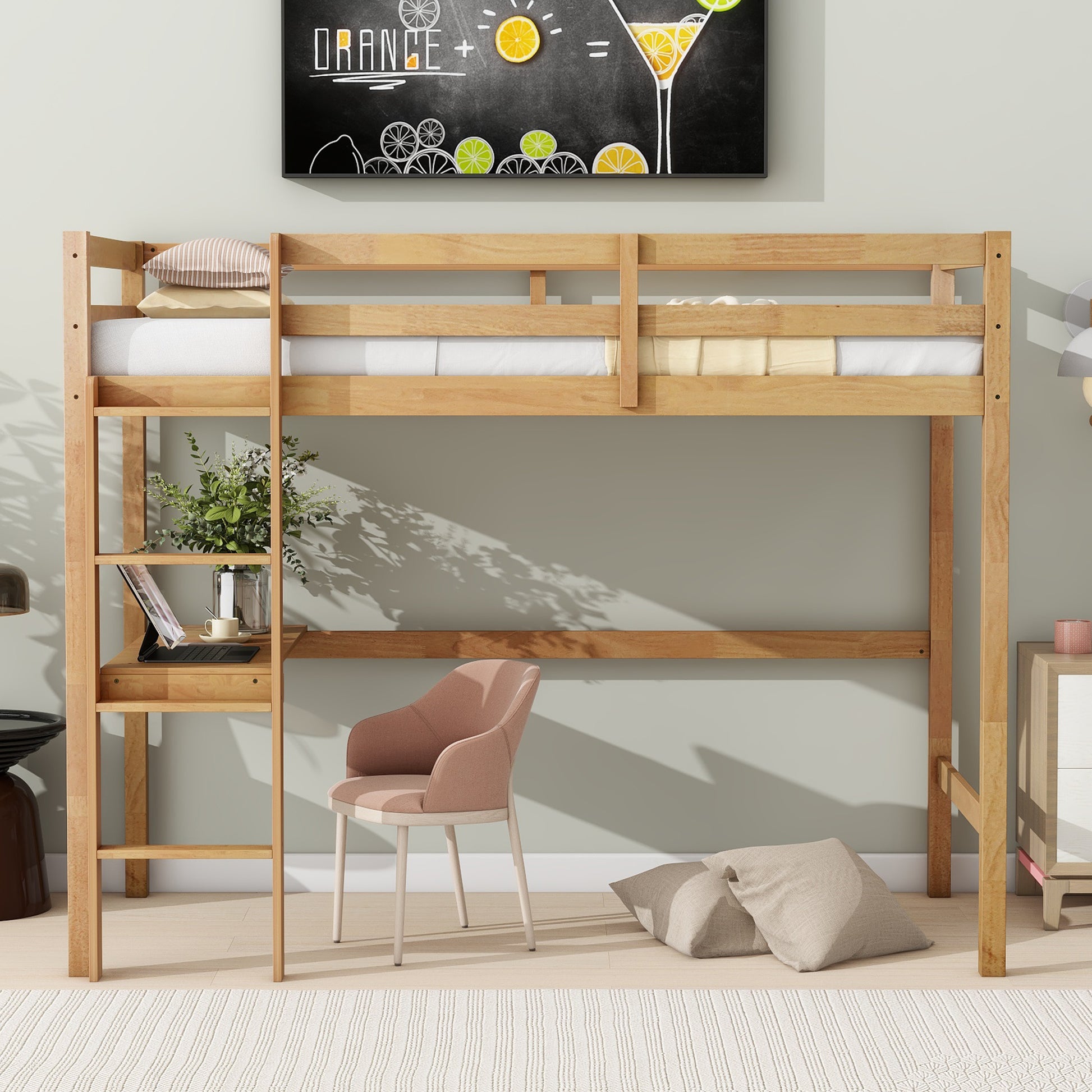 Twin High Loft Bed, Rubber Wood Loft Bed With Safety Guardrail, Built In Desk, Ladder,White Oak Twin White Oak Abs Rubber Steel Q235 ,Rubber Wood