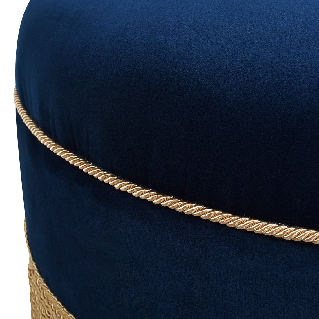 Yolanda 24" Round Upholstered Accent Ottoman, Navy Blue Velvet With Gold Trim Navy Blue Foam Velvet