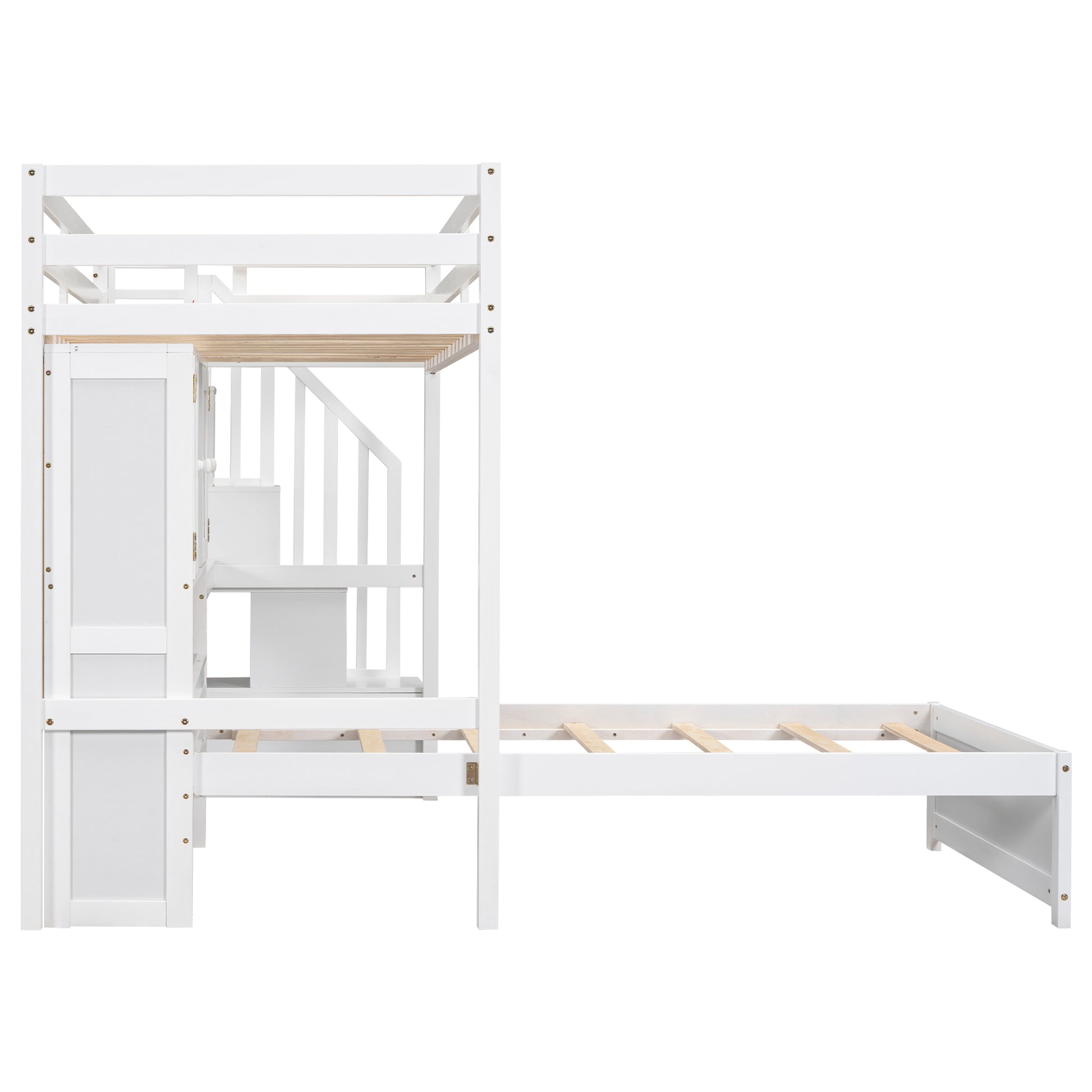 Twin Over Twin Loft Bed With Built In Desk And Staircase, With Storage Compartments And Shelves, White Twin Box Spring Not Required White Wood Pine