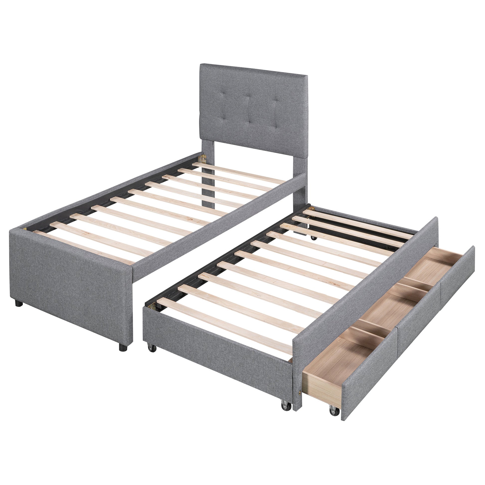 Twin Size Upholstered Platform Bed With Pull Out Twin Size Trundle And 3 Drawers, Gray Twin Gray Upholstered