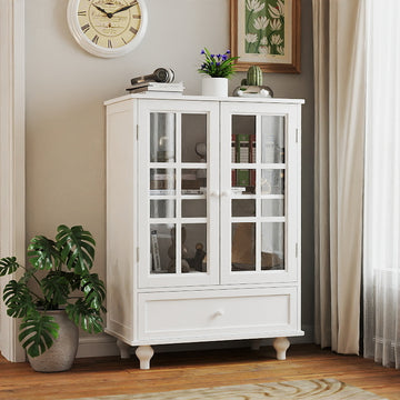 Minimalist White Buffet Cabinet With Double Glass Doors And Drawer, Modern Wooden Storage Sideboard Cupboard For Living Room, Dining Room Hallway Entryway Freestanding White Primary Living Space