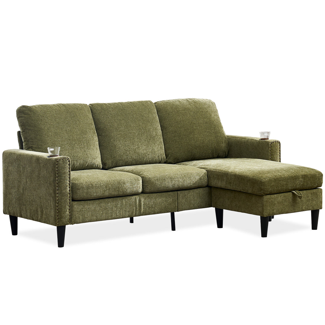 Modern Design Chenille 3 Seater L Shape Sectional Sofa With Storage Chaise For Apartment, Studio, Office,Living Room,L Shape Green Green Chenille Metal Primary Living Space Soft Modern Foam Foam