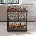 3 Tier Industrial Rolling Serving Cart With Lockable Wheels, Wine Rack Cart With Glass Holder For Indoor And Outdoor, Beverage Trolley Cart With 2 Removable Tray Antique Brown Brown Kitchen