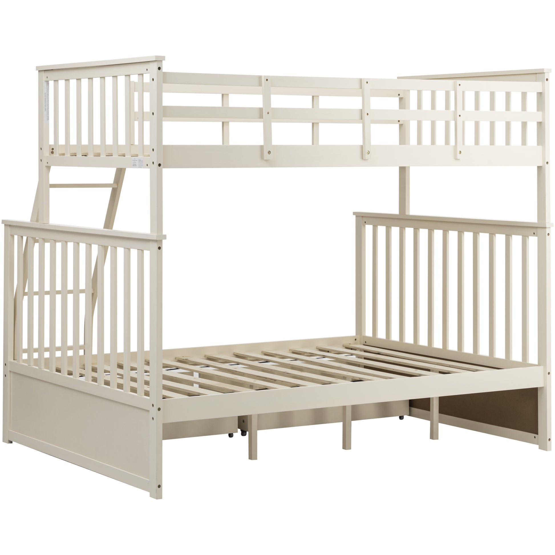 Twin Over Full Bunk Bed With Storage Drawers, Wooden Bunk Bed With Ladder And Safety Guard Rails Cream Full Cream Wood