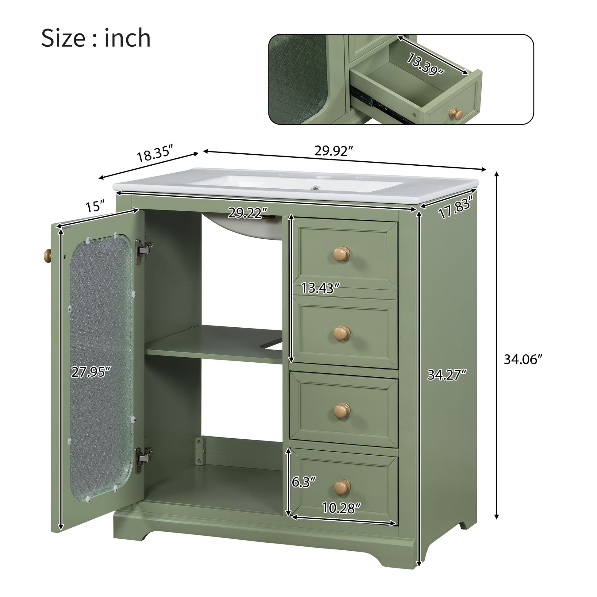 30 Inch Bathroom Vanity With A Soft Close Glass Door, Adjustable Shelves, And Three Drawers Green Bathroom Solid Wood Mdf Glass