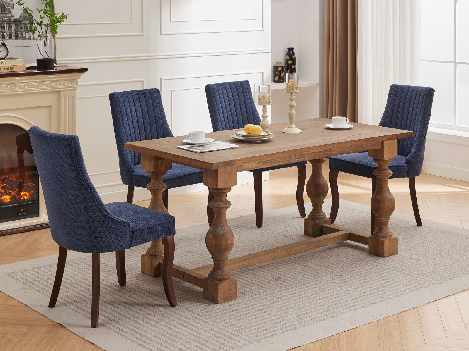 Rayon Cloth Flocking Linen Dining Chairs Channel Kitchen Dinner Chair Comfy Fabric Upholstered Accent Chair For Dining Room With Curved Solid Wood Legs,Set Of 2 Blue , Sw1847Bl Blue Light Brown Dining Room American Design,American Traditional Dining